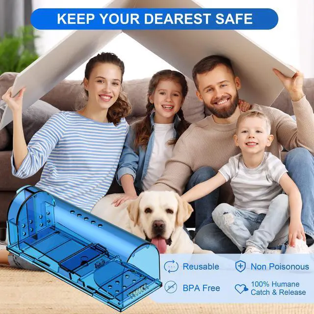 Alt view image 6 of 7 - Humane Mouse Traps, Catch& Release, Reusable Rat Traps, Easy to Set and Safe for Family and Pets, No Kill for Small Rodent/Voles/Hamsters/Moles, Catcher That Works for Indoor/Outdoor, 4 Pack