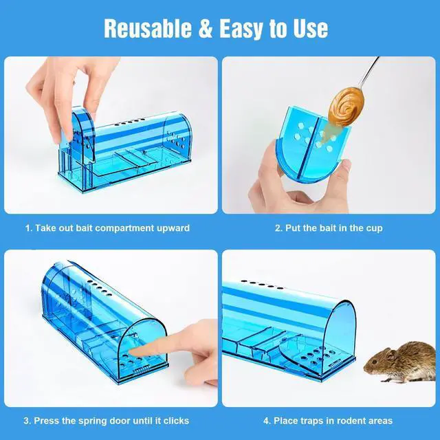 Alt view image 3 of 7 - 6 Pack Humane Mouse Traps No Kill, Catch and Release Live Mouse Trap Indoor for Home, Reusable Mice Trap Cage with Cleaning Brush(Blue)