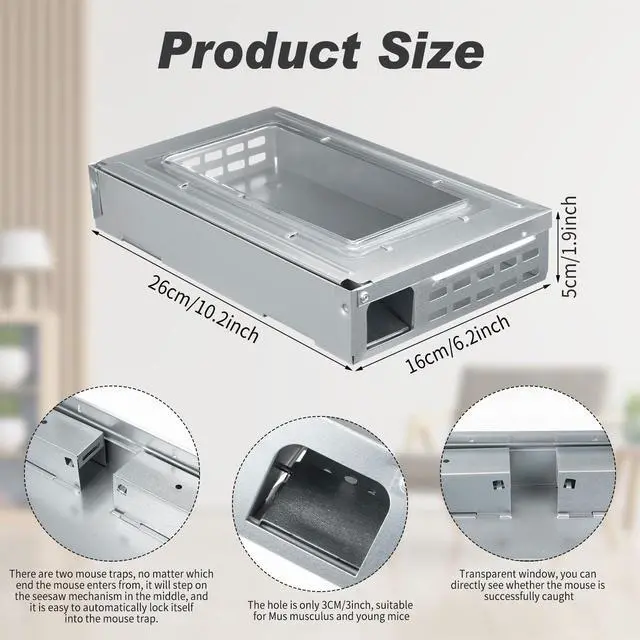 Alt view image 2 of 7 - Pack Multi Catch Mice Trap Clear Top Humanized Mouse Trap Rodent for Indoor Outdoor Rat Control Pet and Security (6.3 Inch,Silver)