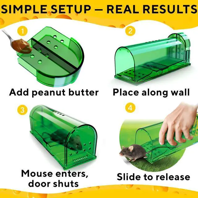 Alt view image 4 of 7 - Humane Mouse Trap (2-Pack) Ultra-Sensitive Catch & Release Live Mice Traps Fast Home, Indoor & Outdoor Control Safe for Kids & Pets Reusable No-Kill Design