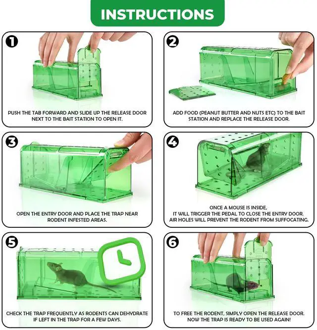 Alt view image 4 of 7 - Live Mouse Traps Indoor for Home Use - Reusable Rodent Traps for House Indoor, Safe & Effective Rat Trap Outdoor - Humane Mice Control with Cleaning Brush