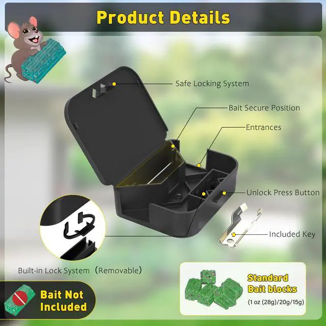 Alt view image 5 of 7 - Mouse Stations with Keys 6 Pack, Keyless Design and Key Required Mouse Stations, Mice Stations, Keeps Children and Pets Safe Indoor & Outdoor, Black