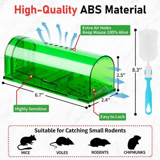 Alt view image 2 of 7 - Humane Mouse Traps 2 Pack | Live No Touch Catch and Release No Kill Rodent Traps | Reusable with Cleaning Brush | Pet Safe Indoor Outdoor Rodent Control for Mice, Rats, Chipmunks, Voles