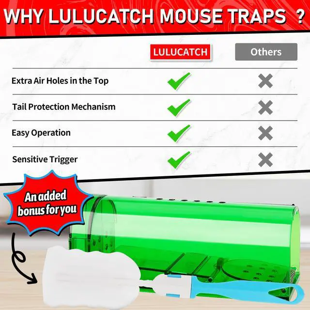 Alt view image 6 of 7 - Humane Mouse Traps 2 Pack | Live No Touch Catch and Release No Kill Rodent Traps | Reusable with Cleaning Brush | Pet Safe Indoor Outdoor Rodent Control for Mice, Rats, Chipmunks, Voles