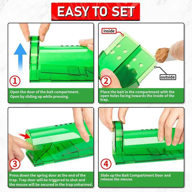 Alt view image 7 of 7 - Humane Mouse Traps 2 Pack | Live No Touch Catch and Release No Kill Rodent Traps | Reusable with Cleaning Brush | Pet Safe Indoor Outdoor Rodent Control for Mice, Rats, Chipmunks, Voles