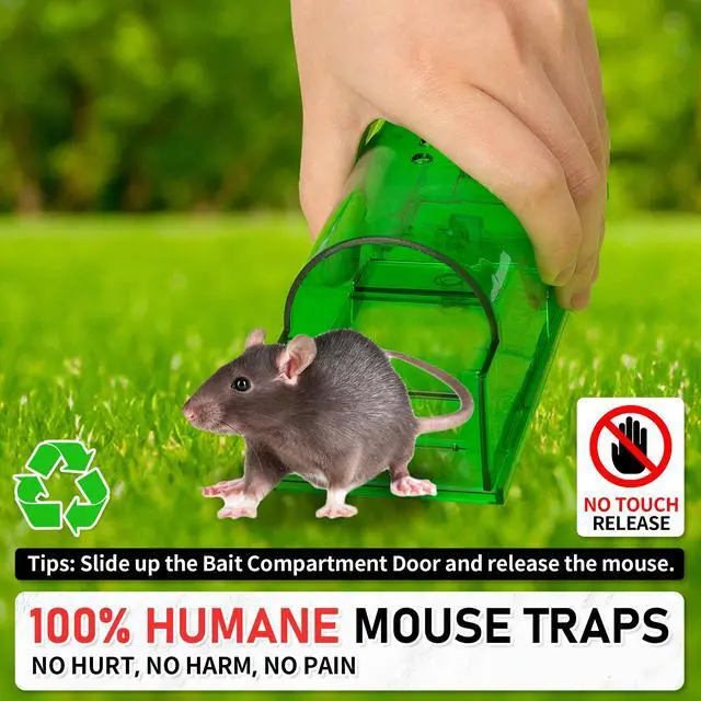 Alt view image 4 of 7 - Humane Mouse Traps 2 Pack | Live No Touch Catch and Release No Kill Rodent Traps | Reusable with Cleaning Brush | Pet Safe Indoor Outdoor Rodent Control for Mice, Rats, Chipmunks, Voles