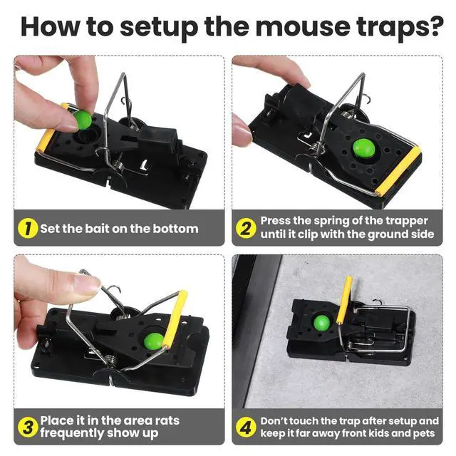 Alt view image 7 of 7 - Pcs Mouse Traps Bulk Plastic Snap Rat Trap Reusable Quick Effective Safe for Indoor Outdoor Home House Warehouse Garden Kitchen 3.86 x 1.81 x 2.17 Inch (Black,Yellow)