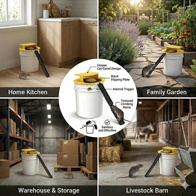 Alt view image 4 of 5 - Mouse Bucket Trap with Auto Reset Lid, Mouse Bucket Trap for 5 Gallon Bucket, Reusable Rodent Control Tool for Indoor Outdoor Use, Home Garage Barn