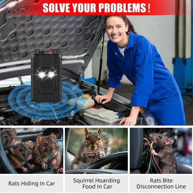 Alt view image 2 of 7 - 2 Pack Rodent Repellent for Car Engines, Ultrasonic Mouse Deterrent Battery Operated Rodent Repeller with 3 Power Modes, Electronic Rat Repeller for Vehicle, Garage, Warehouse, Attic