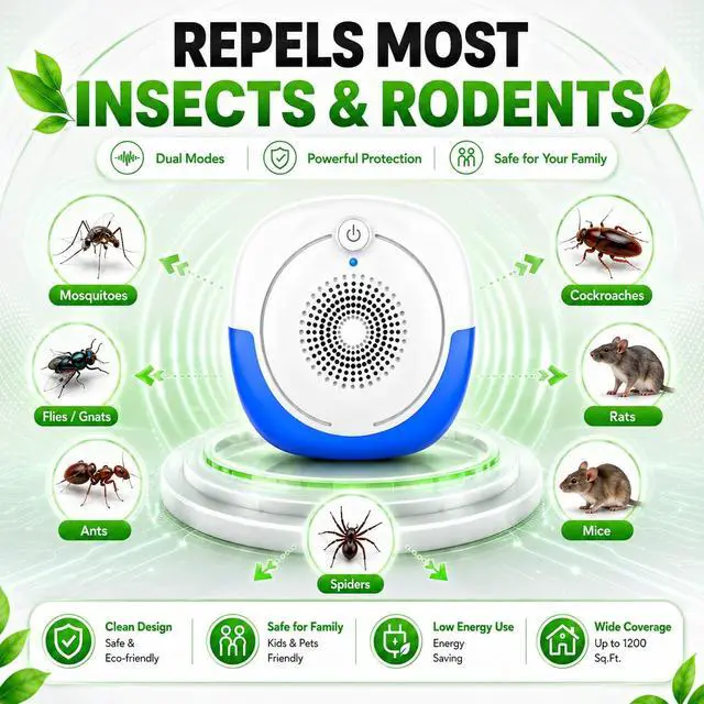 Alt view image 2 of 7 - Ultrasonic Pest Repellent Indoor 6Pack,Electronic Mouse Repeller for House,Mosquito Bug Repellent Plug-in,Rodent Mice Rat Deterrent,Spider Insect Control,Bat Repellent Devices for Kitchen Garage Attic