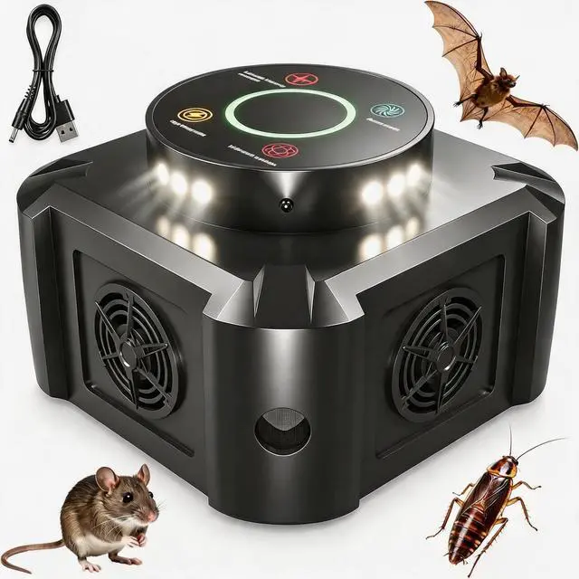 Main image of Ultrasonic Rodent Repeller & Pest Repellent with 12 Strobe Lights, 4 Frequency Modes Indoor Plug-in Mouse Control for Home, Garage, Attic, Electronic Mice Deterrent Devices, Black