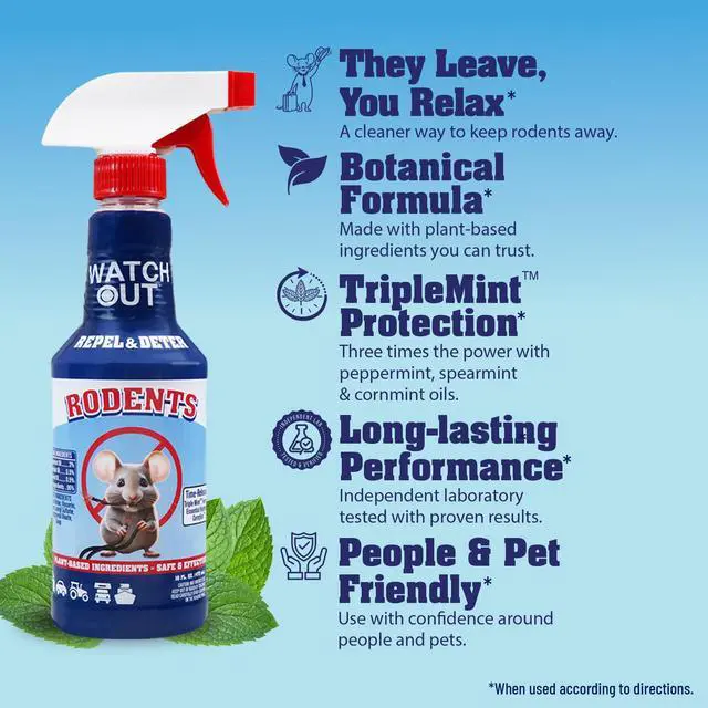 Alt view image 4 of 7 - Rodent Repellent Concentrate, 8 fl oz Makes 64 oz of Ready-to-Use Rodent Repellent TripleMint Botanical Formula for Vehicles, Indoor & Outdoor Use
