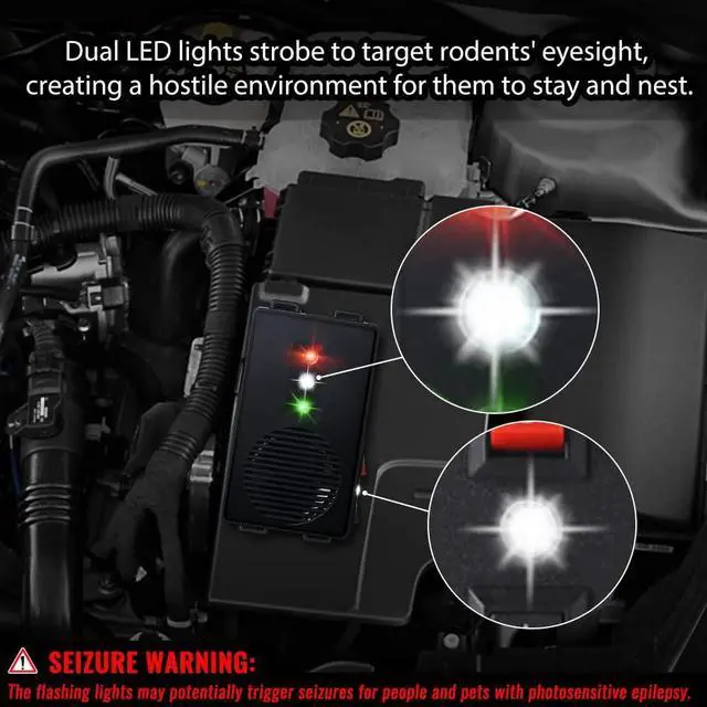 Alt view image 3 of 7 - Under Hood Animal Car Repeller Battery Operated Rodent Electronic Repellent Ultra Sonic Rat Strobe Light Mouse Repelling Device for Pest in Car 2 Pack