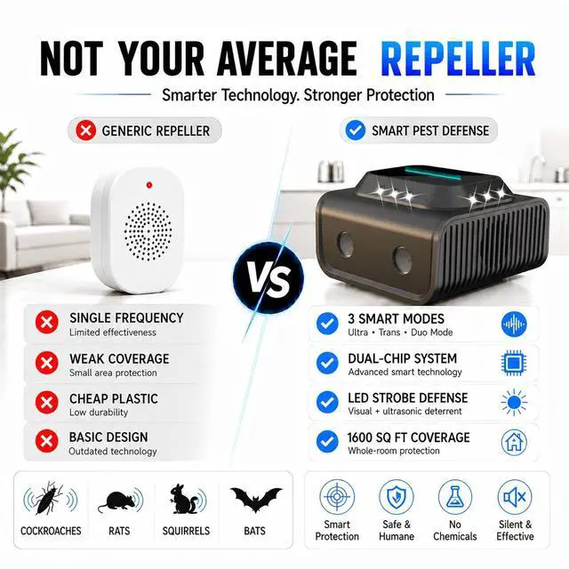Alt view image 5 of 7 - Plug in for Mice, Rats & Squirrels Electronic Pest Repellent Indoor Mouse Deterrent for Home, Kitchen, Attic, Garage Humane Rat Control (Black)