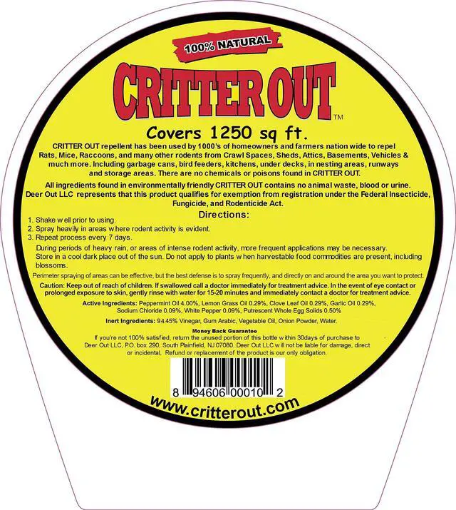Alt view image 2 of 2 - Mouse & Rat Repellent: Rodent Repellent: Critter Out 40oz Ready to Use
