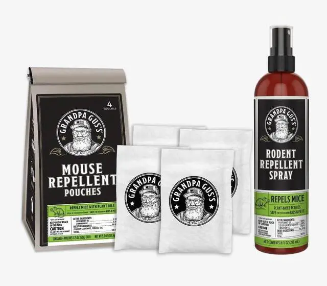 Main image of Extra-Strength Mouse Repellent Pouches + Rodent Repellent Spray, Peppermint/Cinnamon, Home/RV, Boat/Car Storage & Machinery, 4 x 1.75 oz Pouches + 1 x 8 oz Spray