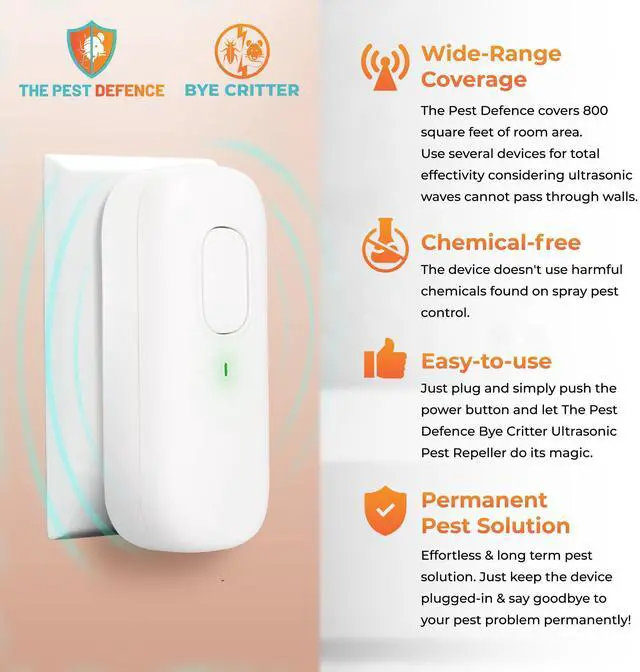 Alt view image 5 of 7 - Pest Defence Ultrasonic Pest Repeller, Bye Critter Ultrasonic Pest Repeller Plug-in Mouse Repellent for Home Repels Mice, Spiders, Rodents, Cockroaches,