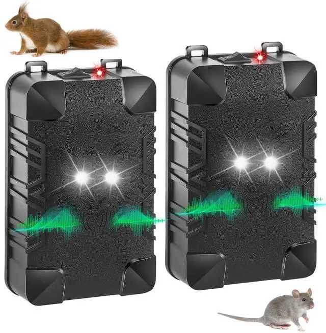 Main image of 2 Pcs Under Hood Rodent Repeller with Strobe Light & 3 Power Supply Methods, Professional Ultrasonic Mouse Repellent Rat Squirrel Deterrent for 12V Cars Trucks RV Engine Bay Warehouse Attic