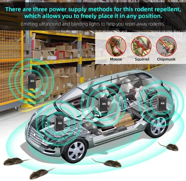 Alt view image 2 of 7 - 2 Pcs Under Hood Rodent Repeller with Strobe Light & 3 Power Supply Methods, Professional Ultrasonic Mouse Repellent Rat Squirrel Deterrent for 12V Cars Trucks RV Engine Bay Warehouse Attic
