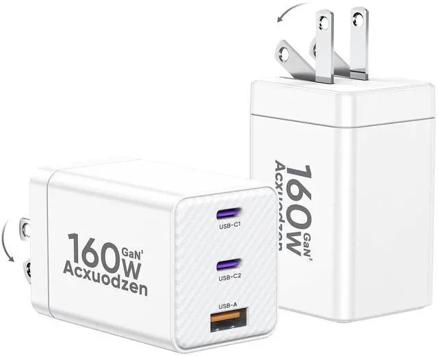 Main image of 2 Pack USB C Charger Block 160W, 3-Port GaN Super Fast Charger, Dual 65W Type C Charging Block, Foldable QC3.0 Laptop Fast Charging for MacBook, iPhone, Samsung, Galaxy, iPad, Android, White