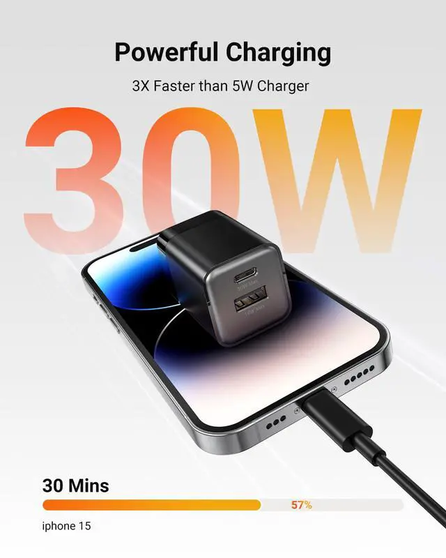 Alt view image 2 of 7 - USB C Fast Charging Charger, 30W Dual-Port GaN Nano Charger with Foldable Plug for iPhone 17/16/15 Series, iPad, Galaxy S26 Ultra and More Series, (Black, 1 Pack)