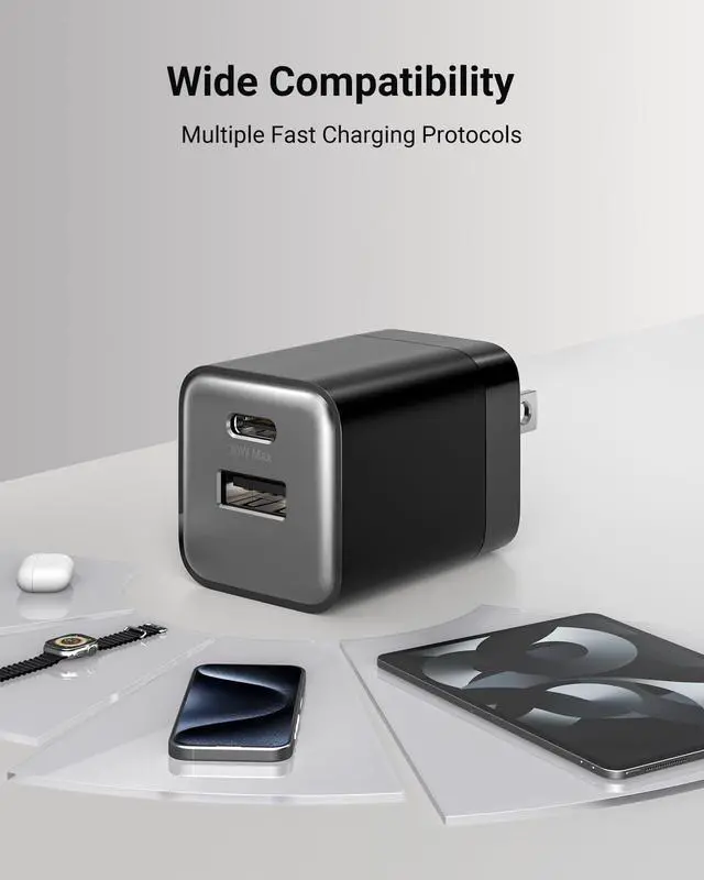 Alt view image 7 of 7 - USB C Fast Charging Charger, 30W Dual-Port GaN Nano Charger with Foldable Plug for iPhone 17/16/15 Series, iPad, Galaxy S26 Ultra and More Series, (Black, 1 Pack)