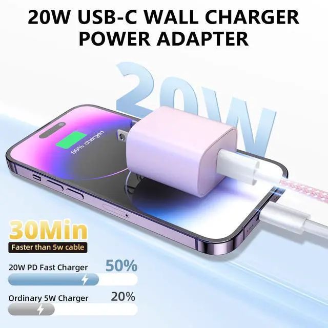 Alt view image 2 of 7 - Phone Charger Fast Charging, 4 Pack 20W USB C Wall Charger Block with 6FT Charging Cable Type C Fast Charge Block Compatible with Phone 14/14 Pro Max/13/13 Pro/12/12 Pro/11/11 Pro/XS, Pad and More