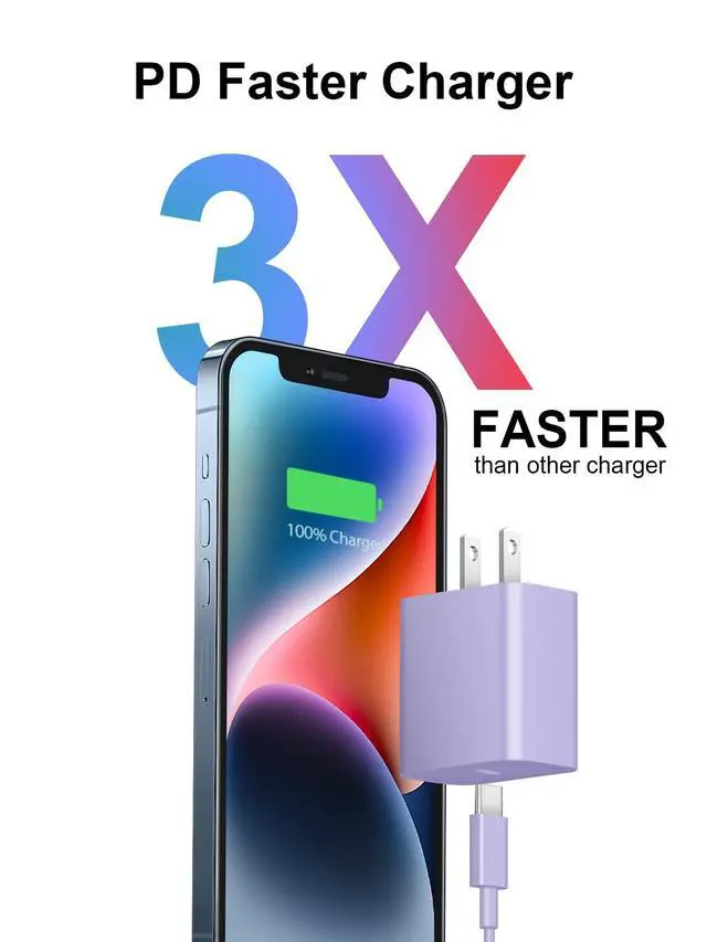 Alt view image 2 of 7 - iPhone 14 13 12 Fast Charger 20W PD USB C Wall Charger with 6FT Fast Charging Cable for iPhone 14/14 Pro/14 Pro Max/14 Plus/13/12/11/Pro/Pro Max/Mini/Xs Max/X, iPad - Purple