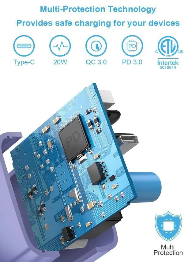 Alt view image 3 of 7 - iPhone 14 13 12 Fast Charger 20W PD USB C Wall Charger with 6FT Fast Charging Cable for iPhone 14/14 Pro/14 Pro Max/14 Plus/13/12/11/Pro/Pro Max/Mini/Xs Max/X, iPad - Purple