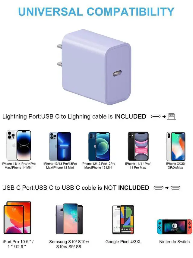 Alt view image 4 of 7 - iPhone 14 13 12 Fast Charger 20W PD USB C Wall Charger with 6FT Fast Charging Cable for iPhone 14/14 Pro/14 Pro Max/14 Plus/13/12/11/Pro/Pro Max/Mini/Xs Max/X, iPad - Purple