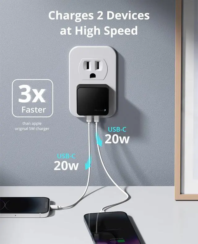 Alt view image 4 of 7 - Dual Port USB C Wall Charger, 40W PD Fast Charging USB C Wall Plug Adapter, Flat Thin Slim Charger Block for iPhone 17/17 Pro/17 Pro Max, Galaxy, MacBook Air, iPad, AirPods and More