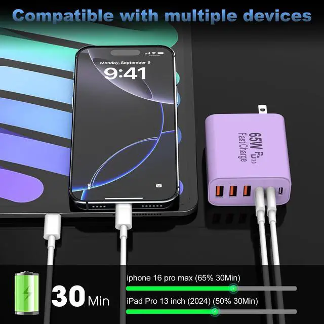 Alt view image 3 of 7 - 65W USB C Charger Block,6-Port Multi Device Fast Charger PD QC Wall Adapter