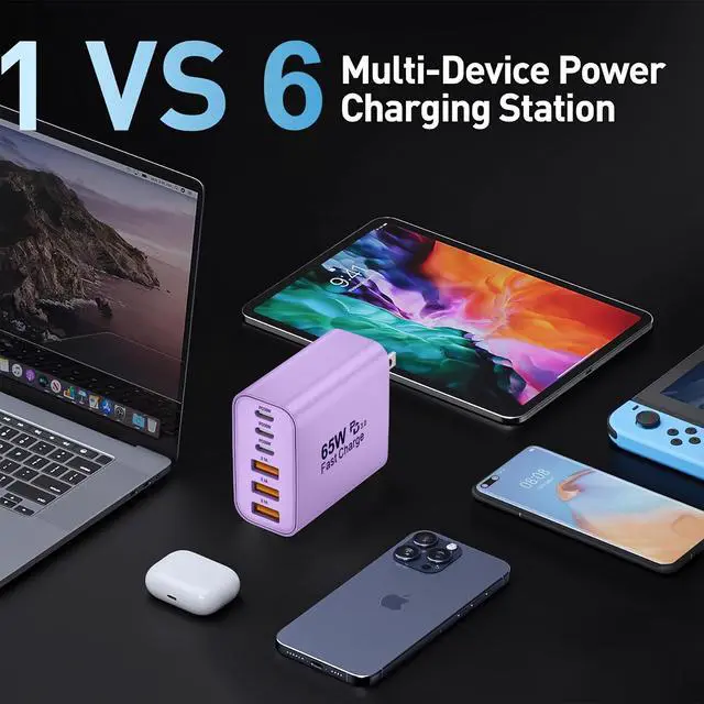 Alt view image 6 of 7 - 65W USB C Charger Block,6-Port Multi Device Fast Charger PD QC Wall Adapter