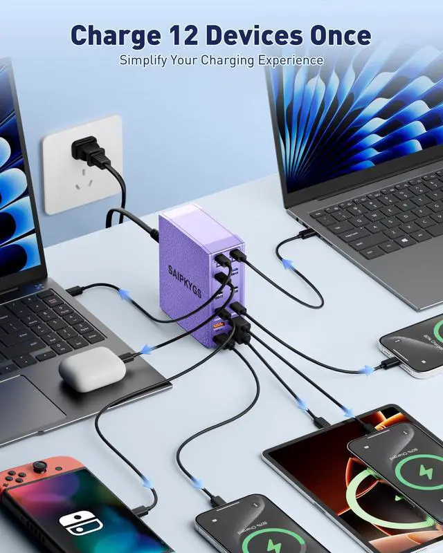 Alt view image 4 of 6 - USB Charging Station (1000W),12-Port USB C Charger Block with Dual 100W PD USB-C Fast Charging Station Hub for MacBook Pro/Air/All iPad Phone 17/16 15/14/13/Pro Max/Samsung Galaxy Note(Purple)