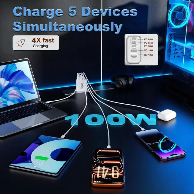 Alt view image 2 of 6 - USB C Charger Block, 2-Pack 100W 5-Port USB C Wall Charger iPhone Charger Fast Charging PD Power Adapter+QC Wall Plug Multiport Type C Brick Chargers for iPhone 17 16 15 14 13 Pro Max,Samsung,MacBook