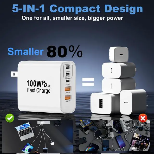 Alt view image 5 of 6 - USB C Charger Block, 2-Pack 100W 5-Port USB C Wall Charger iPhone Charger Fast Charging PD Power Adapter+QC Wall Plug Multiport Type C Brick Chargers for iPhone 17 16 15 14 13 Pro Max,Samsung,MacBook