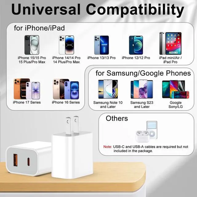 Alt view image 2 of 7 - 2 Pack 20W USB C Charger Block, Dual Port Type C Fast Charging Wall Charger Power Adapter Brick Cube for iPhone 17 16 15 14 Plus/Pro/Pro Max/17 Air, 13/12/11, XS/XR/X (White)