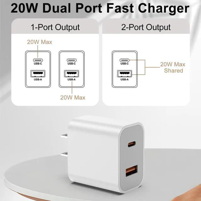 Alt view image 3 of 7 - 2 Pack 20W USB C Charger Block, Dual Port Type C Fast Charging Wall Charger Power Adapter Brick Cube for iPhone 17 16 15 14 Plus/Pro/Pro Max/17 Air, 13/12/11, XS/XR/X (White)