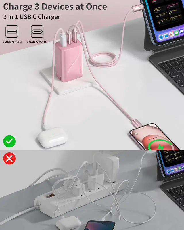 Alt view image 2 of 7 - 65W GaN USB C Wall Charger Block Pink,3-Port iPhone 17 16 15 Type C Charger Fast Charging Block Power Adapter for MacBook,Compact Foldable Plug for iPad,Switch,Laptops,Tablets,Samsung S26/25,Pixel