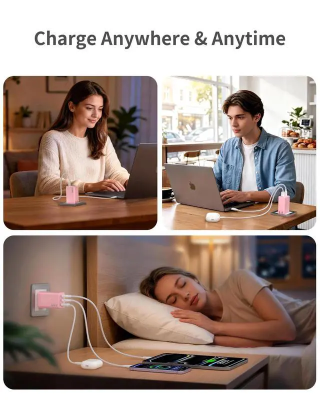 Alt view image 5 of 7 - 65W GaN USB C Wall Charger Block Pink,3-Port iPhone 17 16 15 Type C Charger Fast Charging Block Power Adapter for MacBook,Compact Foldable Plug for iPad,Switch,Laptops,Tablets,Samsung S26/25,Pixel