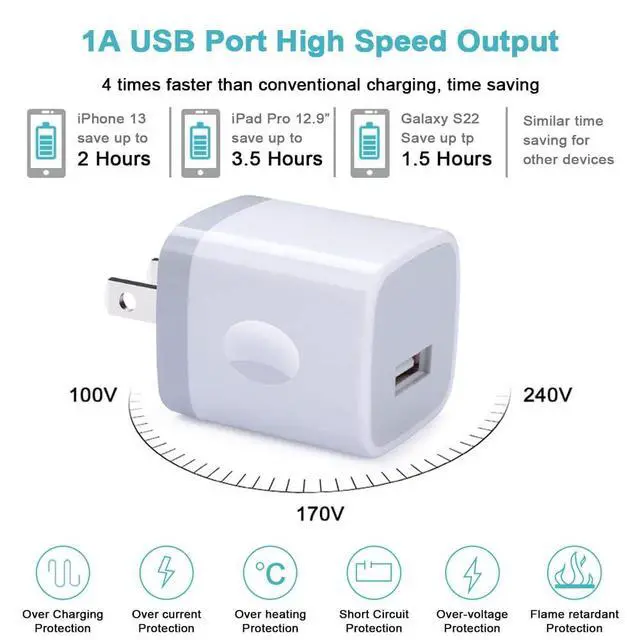 Alt view image 2 of 7 - USB Wall Charger, Charger Block, 3-Pack Charging Cube 1A/5V One-Port Charging Block charger Box for iPhone 17e 17 Air 17 Pro Max 16 15 14 13 12 11,SE,XR/XS/X/8,iPad,Samsung Galaxy S26 A17,LG,Pixel 10a