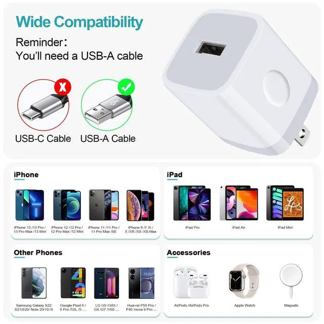 Alt view image 7 of 7 - USB Wall Charger, Charger Block, 3-Pack Charging Cube 1A/5V One-Port Charging Block charger Box for iPhone 17e 17 Air 17 Pro Max 16 15 14 13 12 11,SE,XR/XS/X/8,iPad,Samsung Galaxy S26 A17,LG,Pixel 10a