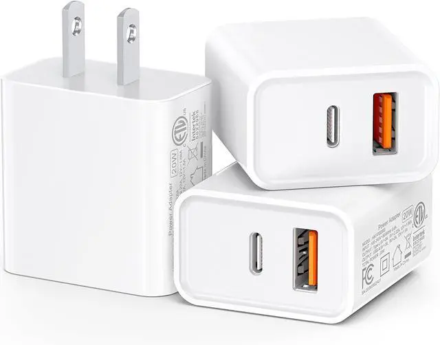 Main image of 3-Pack USB C Wall Charger, 20W Durable Dual Port QC+PD 3.0 Power Adapter, ETL Certified Type C Fast Charging Block for iPhone 14/15/16/17 Pro/Pro Max/Plus/iPad Pro, Samsung and More, White