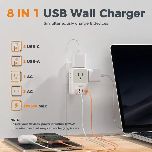 Alt view image 4 of 7 - USB C Charger Block 20W PD, Fast Charging Adapter with Foldable Plug, 1875W Power Outlet Extender(4 AC and 4 USB) for Cruise, Home, Office, Dorm Room Essentials, Grey