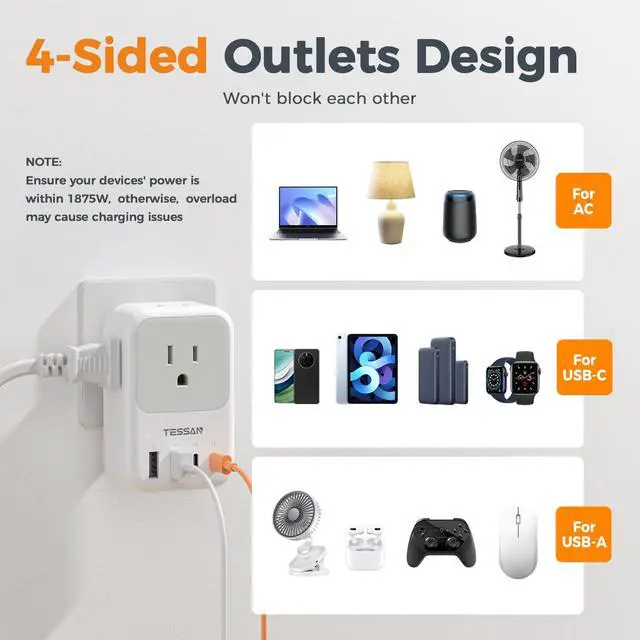 Alt view image 7 of 7 - USB C Charger Block 20W PD, Fast Charging Adapter with Foldable Plug, 1875W Power Outlet Extender(4 AC and 4 USB) for Cruise, Home, Office, Dorm Room Essentials, Grey