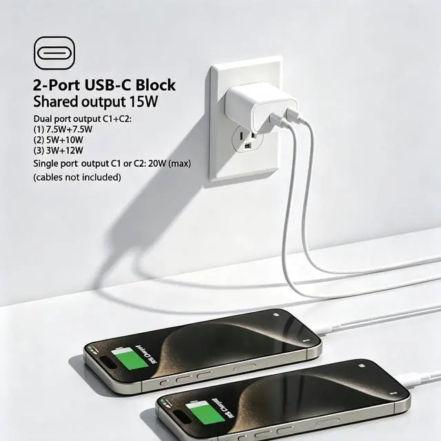 Alt view image 4 of 6 - Dual USB C Charger Block for Apple Watch Series 11 10 iWatch iPhone iPad AirPods Pro,Wireless Charger Pad, 2 Port Type C Fast Charging 20W PD Power Adapter Plug Fast Charging Cube, White 1 Pack