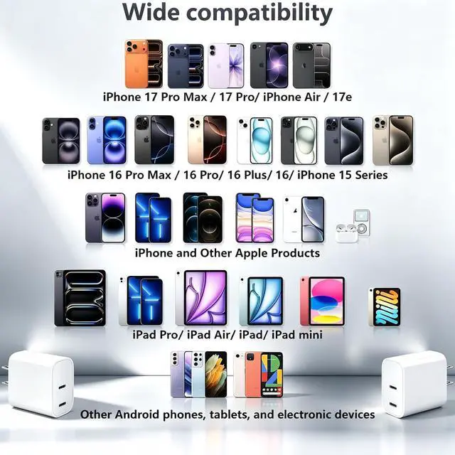 Alt view image 6 of 6 - Dual USB C Charger Block for Apple Watch Series 11 10 iWatch iPhone iPad AirPods Pro,Wireless Charger Pad, 2 Port Type C Fast Charging 20W PD Power Adapter Plug Fast Charging Cube, White 1 Pack