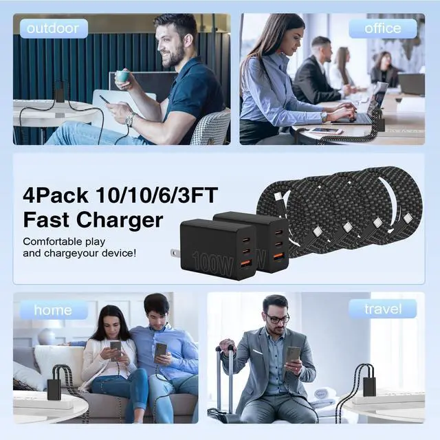 Alt view image 6 of 7 - 65W Super Fast Charger Type C for Samsung,3 Port 100W PD Quick Charging 3.0 USB C Block & 3/6/10/10FT Braided Type C Cord for Samsung Galaxy S26 Ultra/S26/S25 Ultra/iPhone 17 Pro/MacBook Pro/Air
