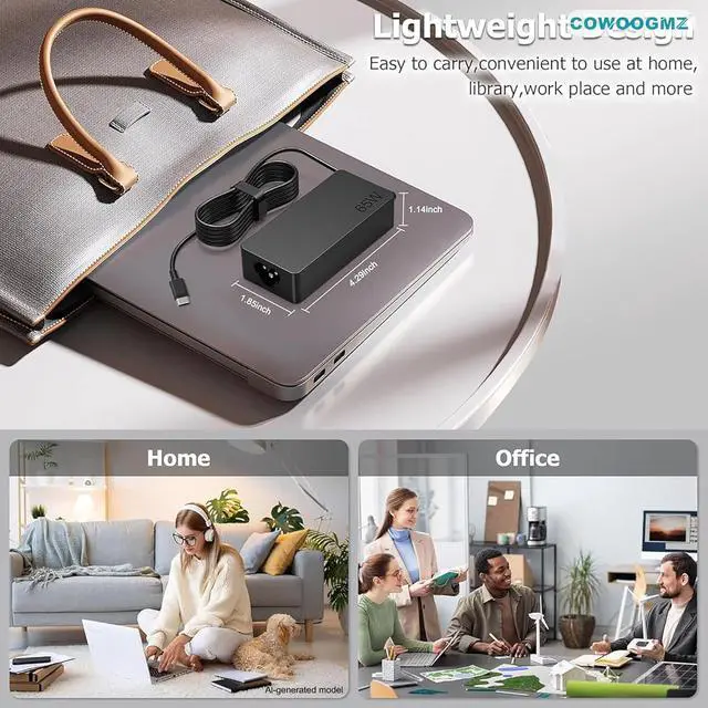 Alt view image 6 of 6 - 65W USB C Laptop Charger Compatible with Lenovo ThinkPad X1 X13 T14 T15 E14 E15 T480s T490 E480 Yoga 7i 9i Thinkbook 13s 14 15 16 Plus G4 65W 45W Computer Charger USB Type C AC Power Adapter