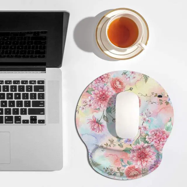 Alt view image 2 of 7 - Ergonomic Mouse Pad with Wrist Support Pink Flowers Peonies Floral Non-Slip Rubber Base Mousepad for Home Office Gaming Working Computers Laptop Easy Typing & Pain Relief